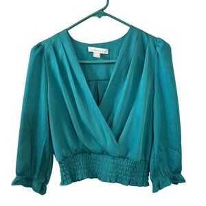 Monteau Green Wrap Smocked Blouse Small